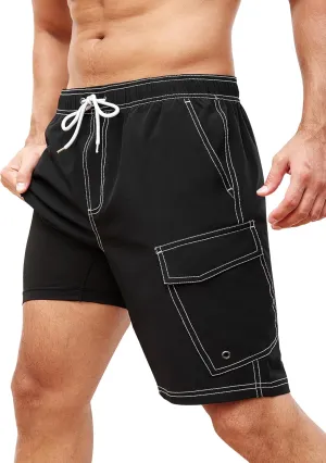 SILKWORLD Mens Swim Trunks with Compression Liner 9 Inch Bathing Suits Quick-Dry Swimming Beach Shorts with Cargo Pockets