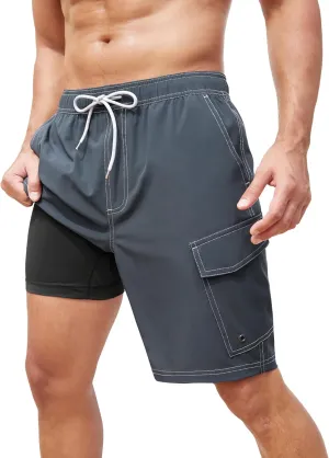 SILKWORLD Mens Swim Trunks with Compression Liner 9 Inch Bathing Suits Quick-Dry Swimming Beach Shorts with Cargo Pockets