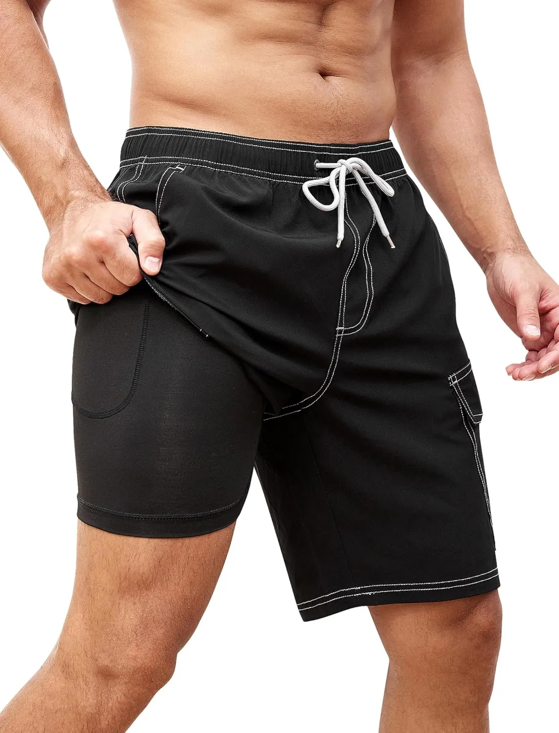 SILKWORLD Mens Swim Trunks with Compression Liner 9 Inch Bathing Suits Quick-Dry Swimming Beach Shorts with Cargo Pockets