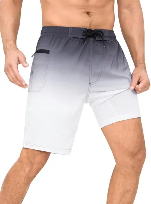 SILKWORLD Men's Swim Trunks with Compression Liner 9" Swimming Trunk 2 in 1 Beach Quick Dry Shorts with Zipper Pocket