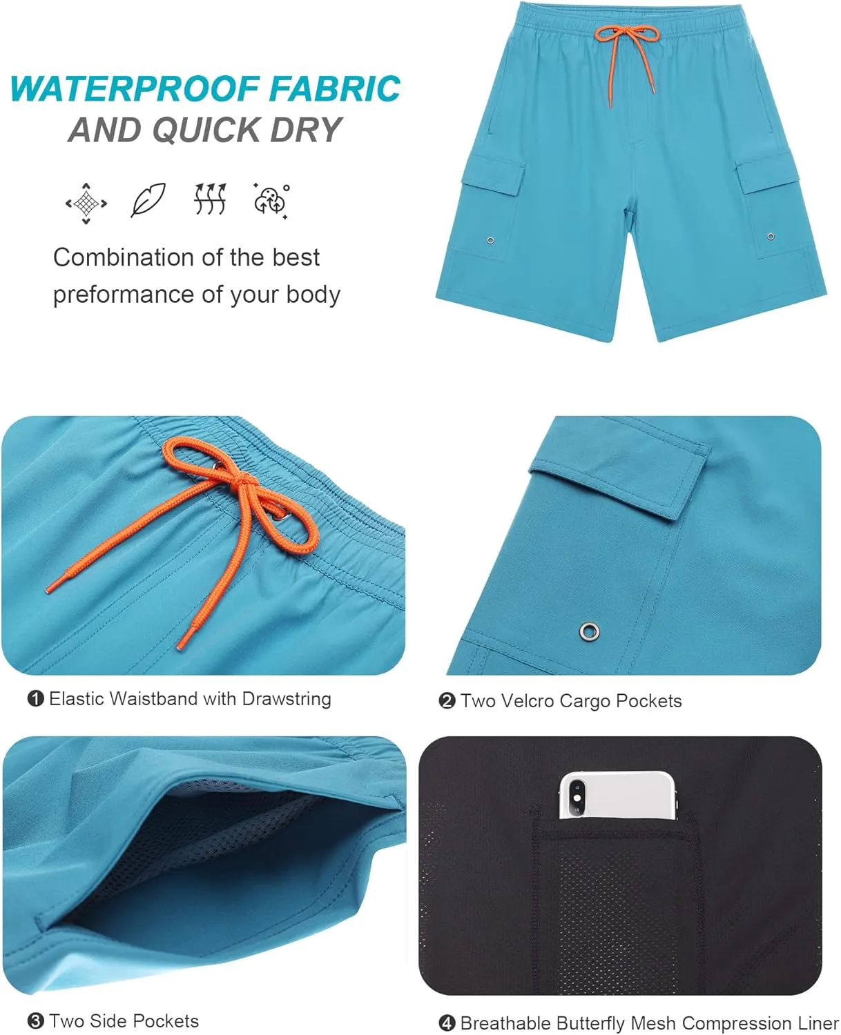 SILKWORLD Men's Swim Trunks with Compression Liner Quick Dry Bathing Suits 9 Inch Swimming Shorts with Cargo Pockets