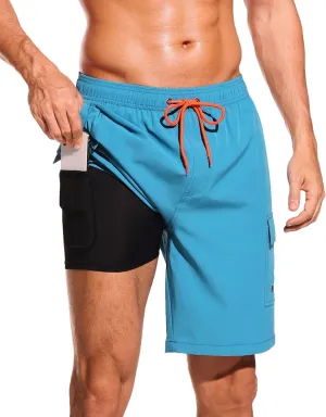 SILKWORLD Men's Swim Trunks with Compression Liner Quick Dry Bathing Suits 9 Inch Swimming Shorts with Cargo Pockets