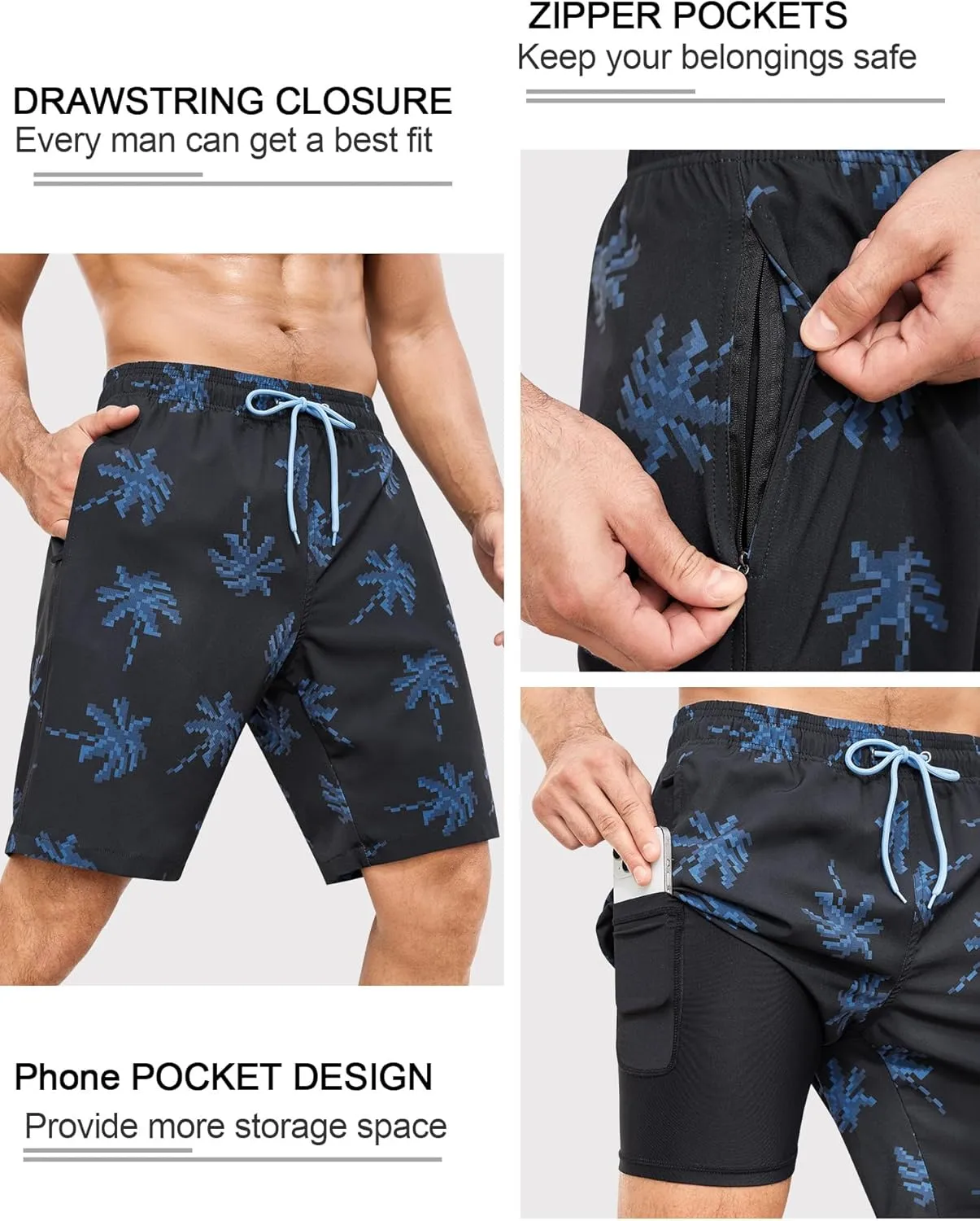 SILKWORLD Mens Swimming Trunks with Compression Liner 2 in 1 Quick-Dry 9" Swim Shorts with Zipper Pockets