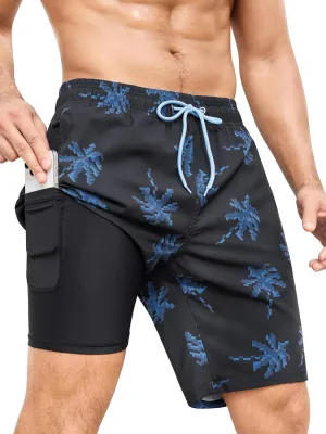 SILKWORLD Mens Swimming Trunks with Compression Liner 2 in 1 Quick-Dry 9" Swim Shorts with Zipper Pockets