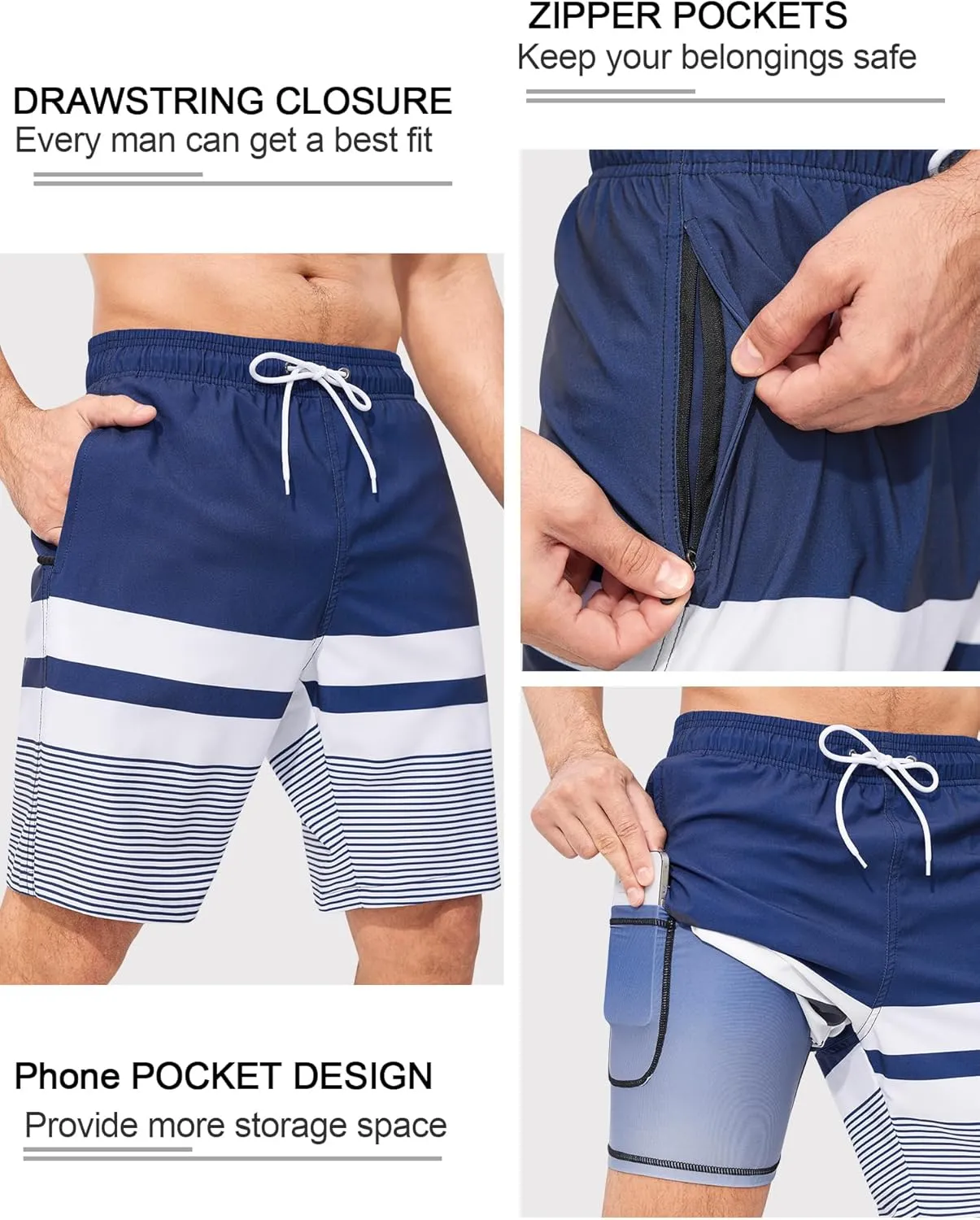 SILKWORLD Mens Swimming Trunks with Compression Liner 2 in 1 Quick-Dry 9" Swim Shorts with Zipper Pockets