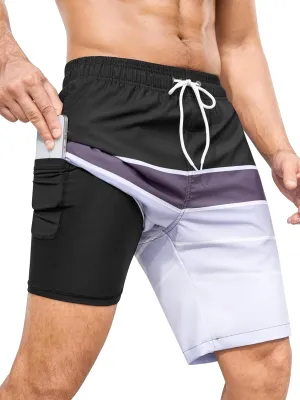 SILKWORLD Mens Swimming Trunks with Compression Liner 2 in 1 Quick-Dry 9" Swim Shorts with Zipper Pockets
