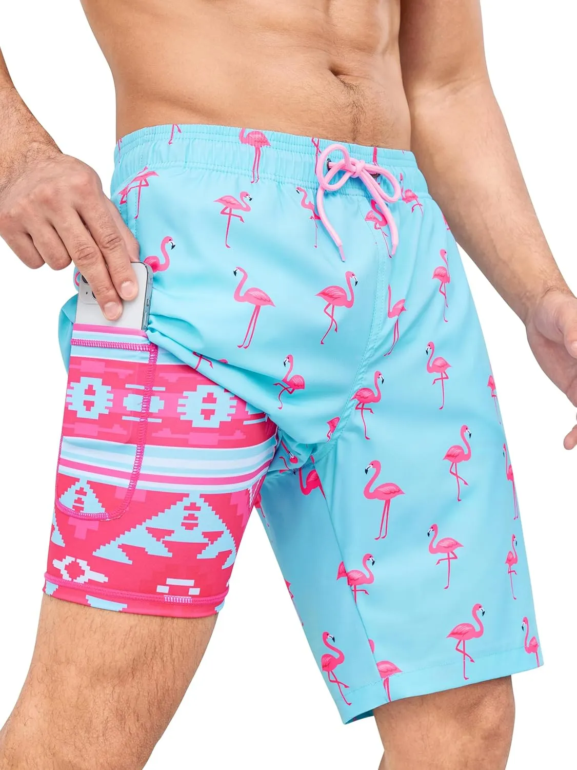 SILKWORLD Mens Swimming Trunks with Compression Liner 2 in 1 Quick-Dry 9" Swim Shorts with Zipper Pockets