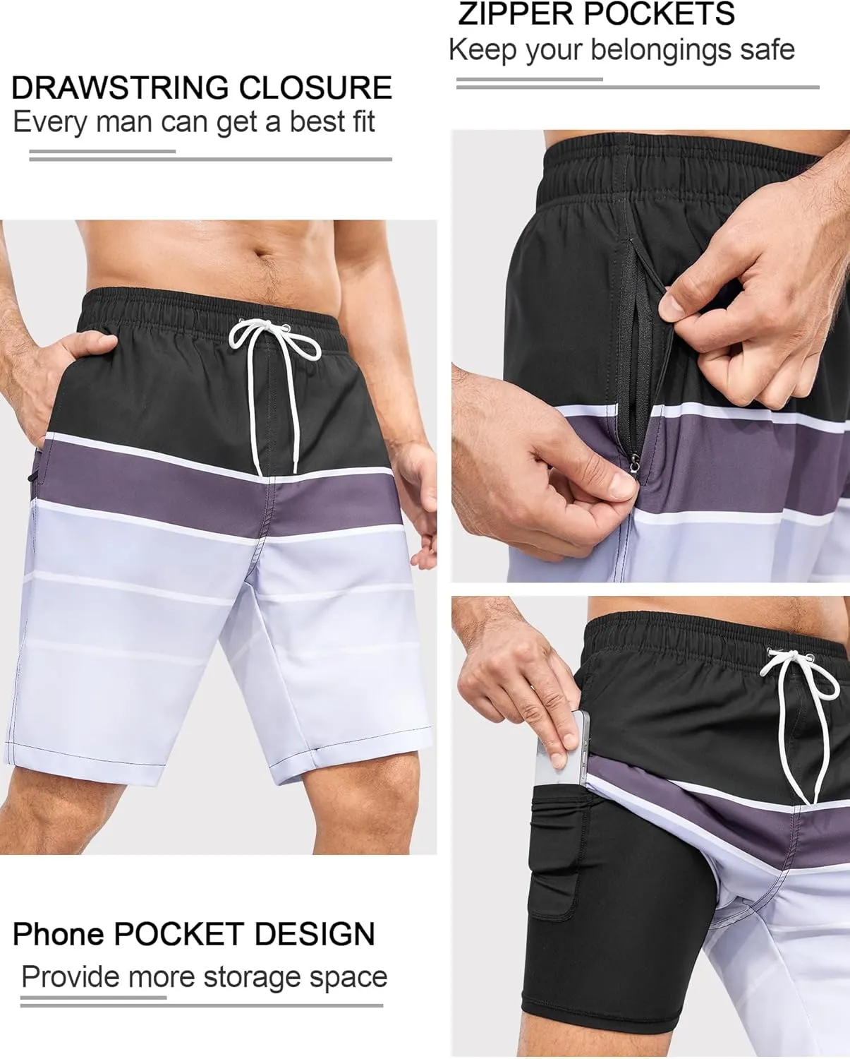 SILKWORLD Mens Swimming Trunks with Compression Liner 2 in 1 Quick-Dry 9" Swim Shorts with Zipper Pockets