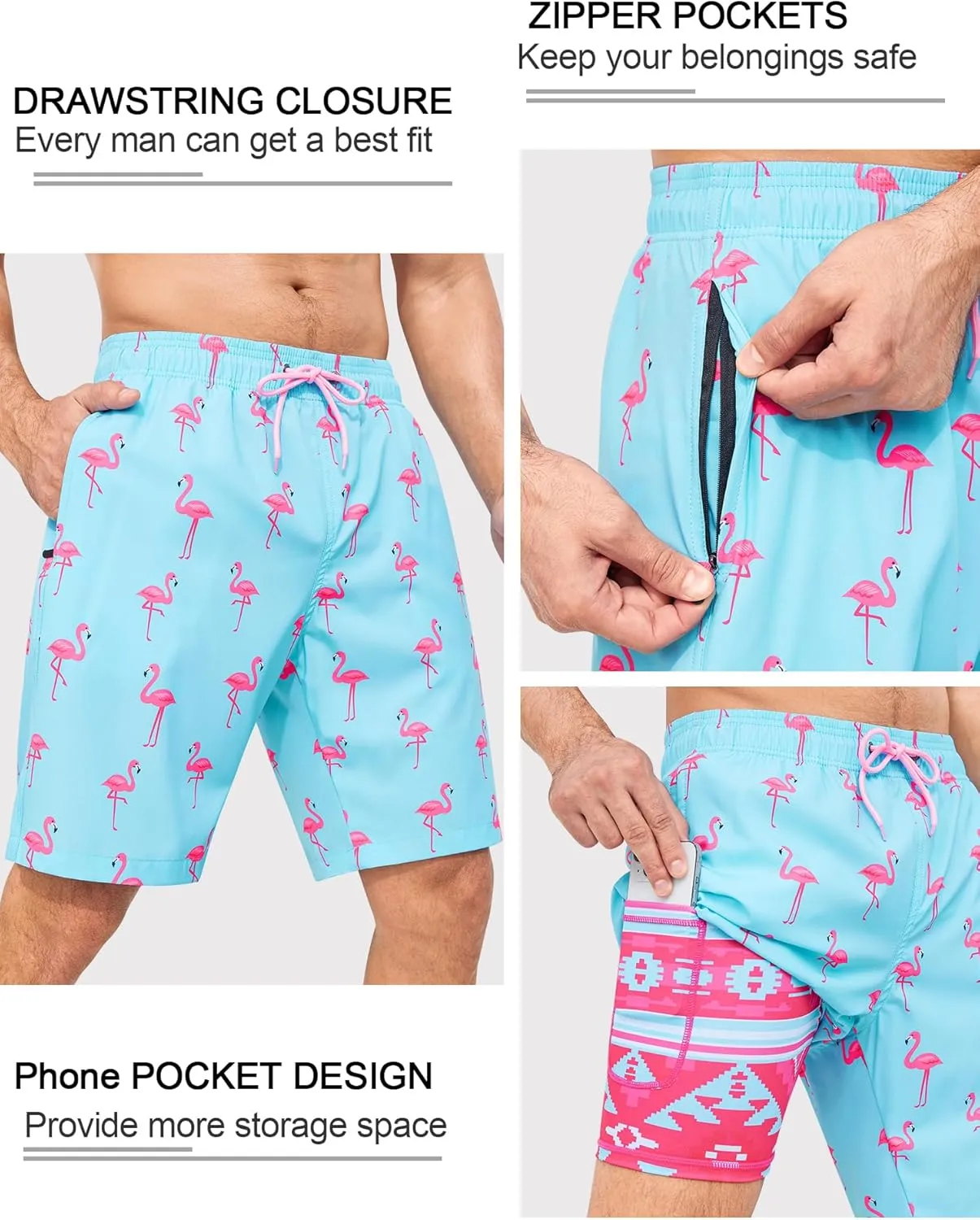 SILKWORLD Mens Swimming Trunks with Compression Liner 2 in 1 Quick-Dry 9" Swim Shorts with Zipper Pockets