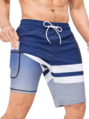 SILKWORLD Mens Swimming Trunks with Compression Liner 2 in 1 Quick-Dry 9" Swim Shorts with Zipper Pockets