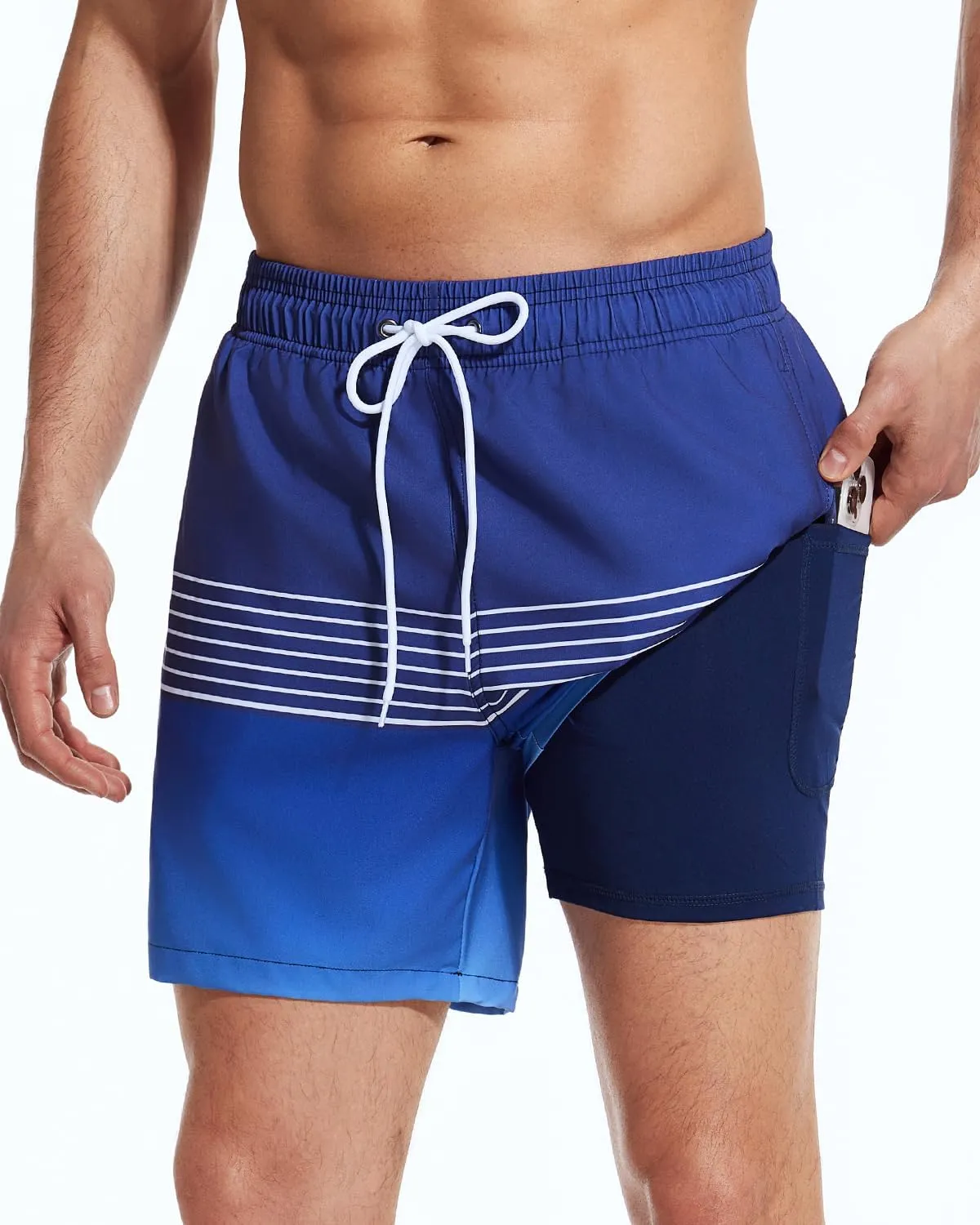 SILKWORLD Mens Swimming Trunks with Compression Liner 2 in 1 Quick-Dry Swim Shorts with Zipper Pockets