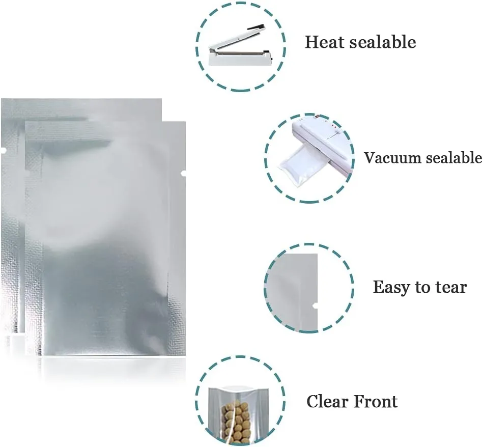 Silver Aluminum Foil Pouch Heat Seal Plastic Open Top Vacuum Packaging Mylar Bag Food Small Sample Mylar Storage (200, 10x15cm(3.9x5.9 inch))
