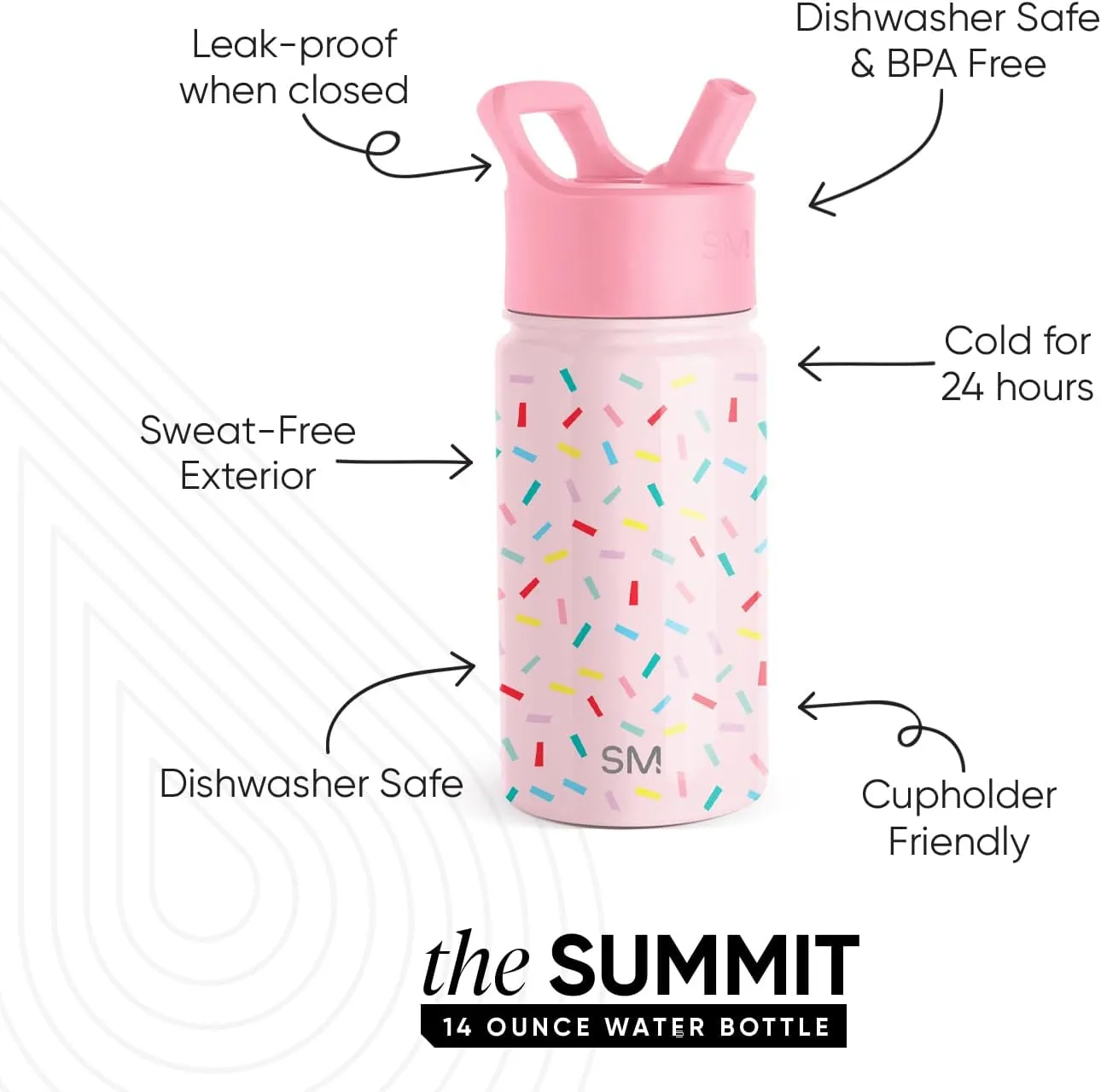 Simple Modern Kids Summit Water Bottle with Straw Lid | 14oz Stainless Steel Cup Insulated Tumbler for Toddlers, School | Confetti