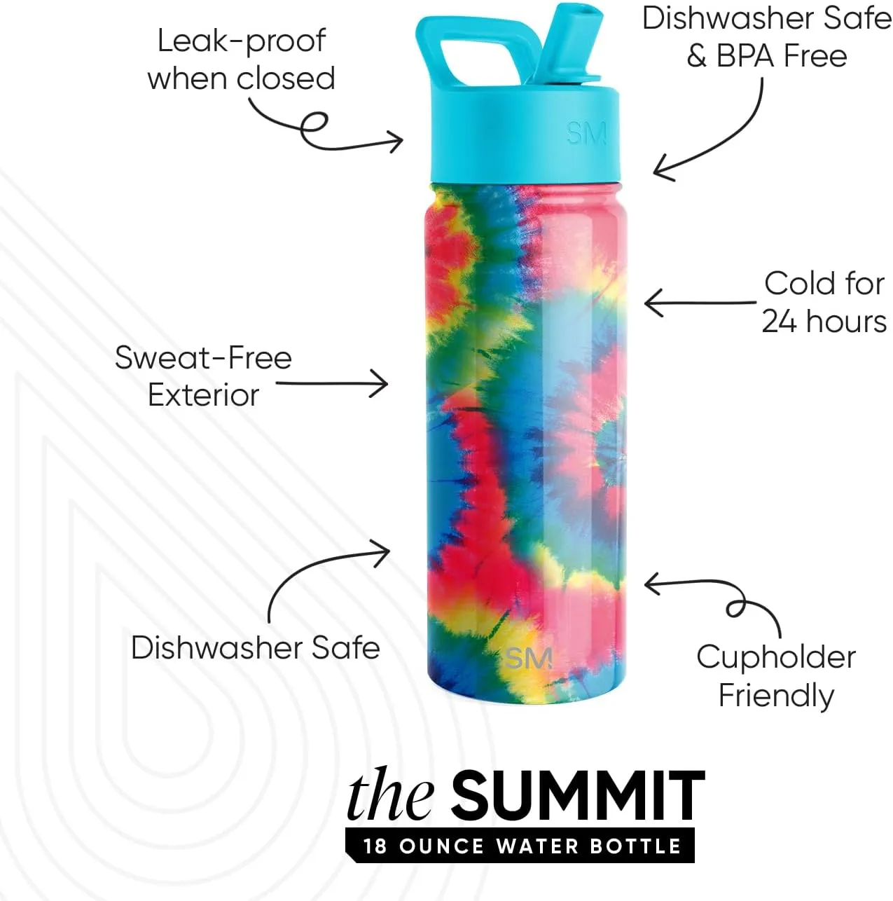 Simple Modern Kids Summit Water Bottle with Straw Lid | 18oz Stainless Steel Tumbler for Toddlers, School | Tie-Dye
