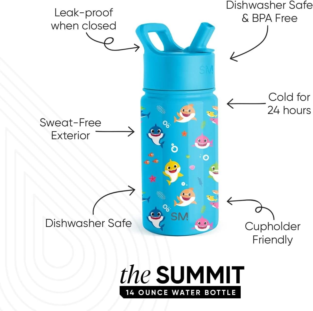 Simple Modern Kids Summit Water Bottle with Straw Lid | Baby Shark 14oz Stainless Steel Cup Insulated Tumbler for Toddlers, School | Baby Shark Friends