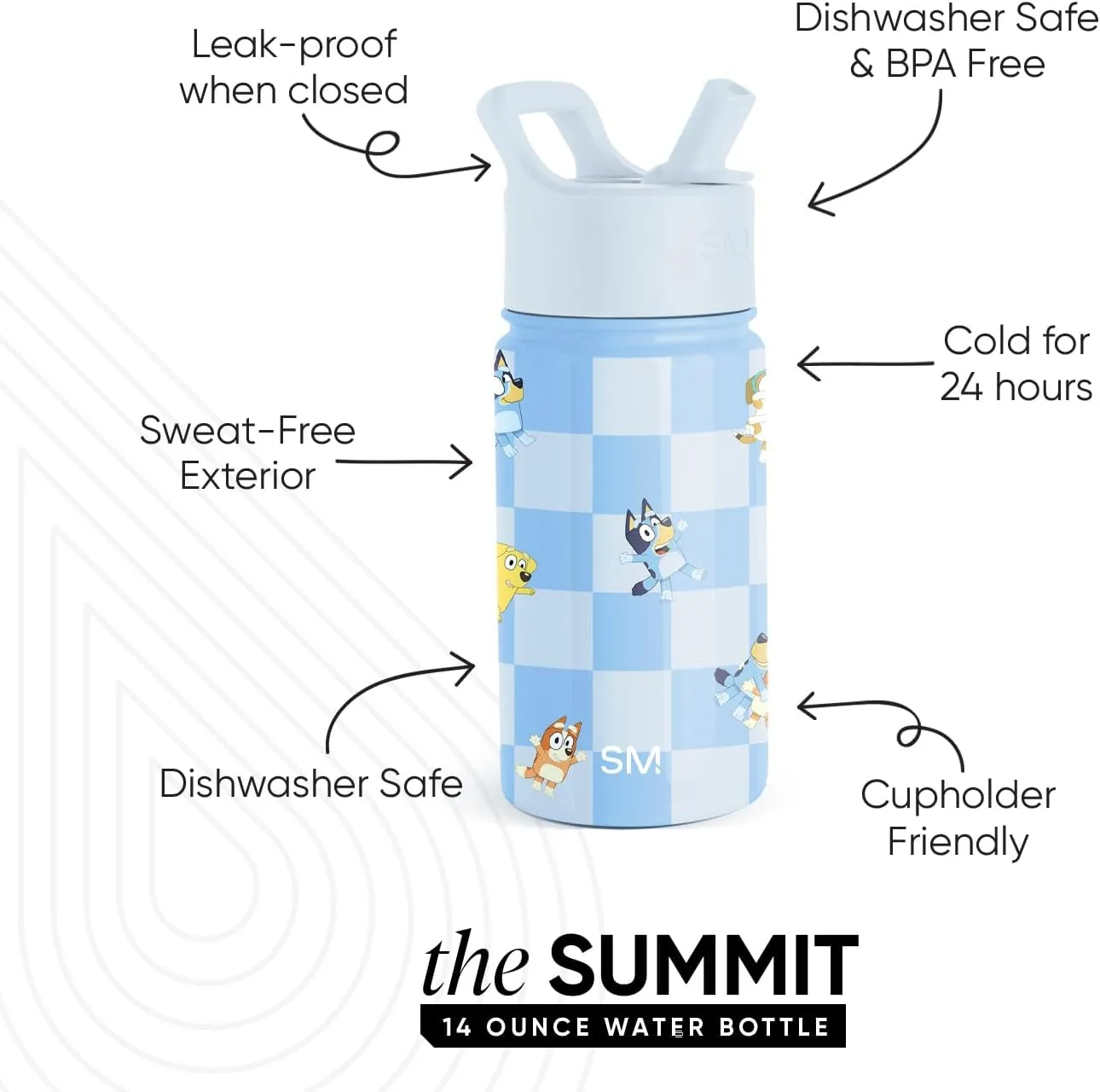 Simple Modern Kids Summit Water Bottle with Straw Lid | Bluey 14oz Stainless Steel Cup Insulated Tumbler for Toddlers, School| Bluey Checkmate