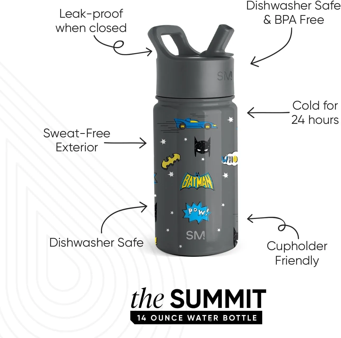 Simple Modern Kids Summit Water Bottle with Straw Lid | DC Comics Batman 14oz Stainless Steel Cup Insulated Tumbler for Boys, School | Batman POW!