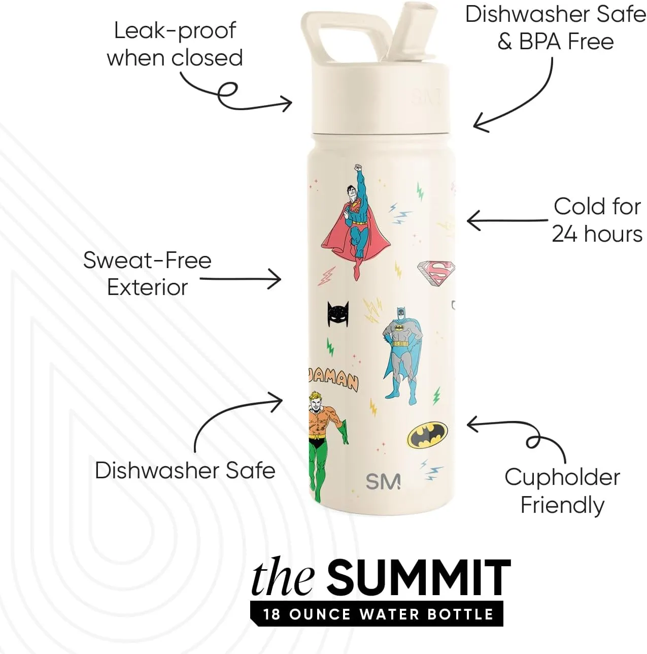 Simple Modern Kids Summit Water Bottle with Straw Lid | DC Comics Superhero 18oz Stainless Steel Cup Insulated Tumbler for Toddlers, School | Super Hero Boys