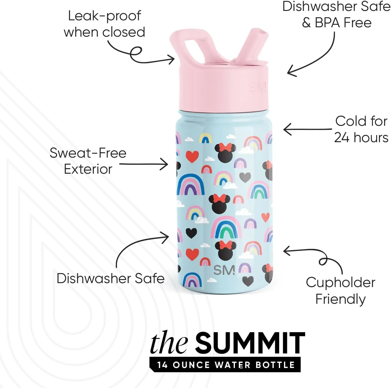 Simple Modern Kids Summit Water Bottle with Straw Lid | Disney Minnie Mouse 14oz Stainless Steel Cup Insulated Tumbler for Girls, School | Minnie Mouse Rainbows
