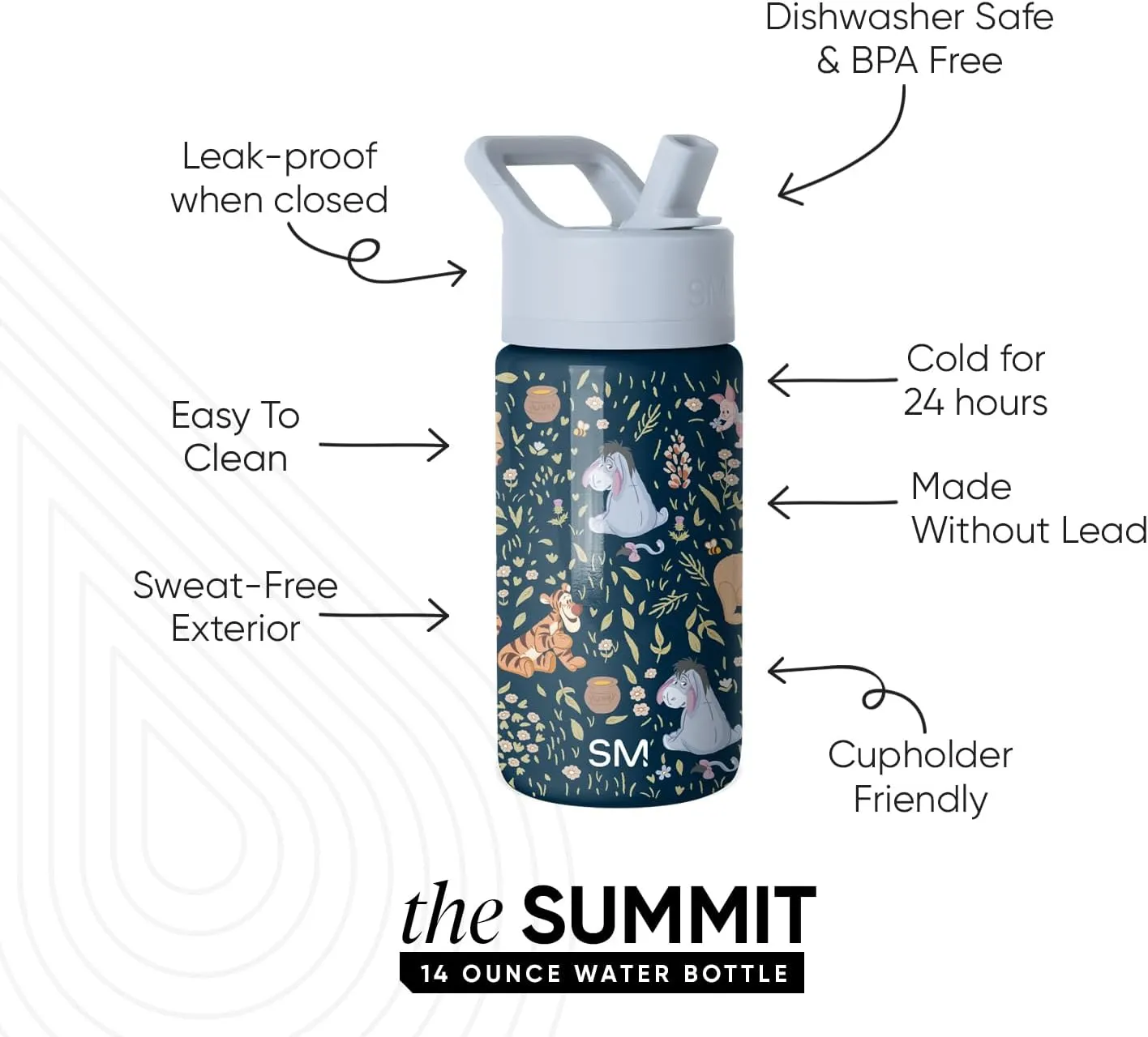 Simple Modern Kids Summit Water Bottle with Straw Lid | Disney Winnie the Pooh 14oz Stainless Steel Cup Insulated Tumbler for Girls, School | Winnie the Pooh Floral