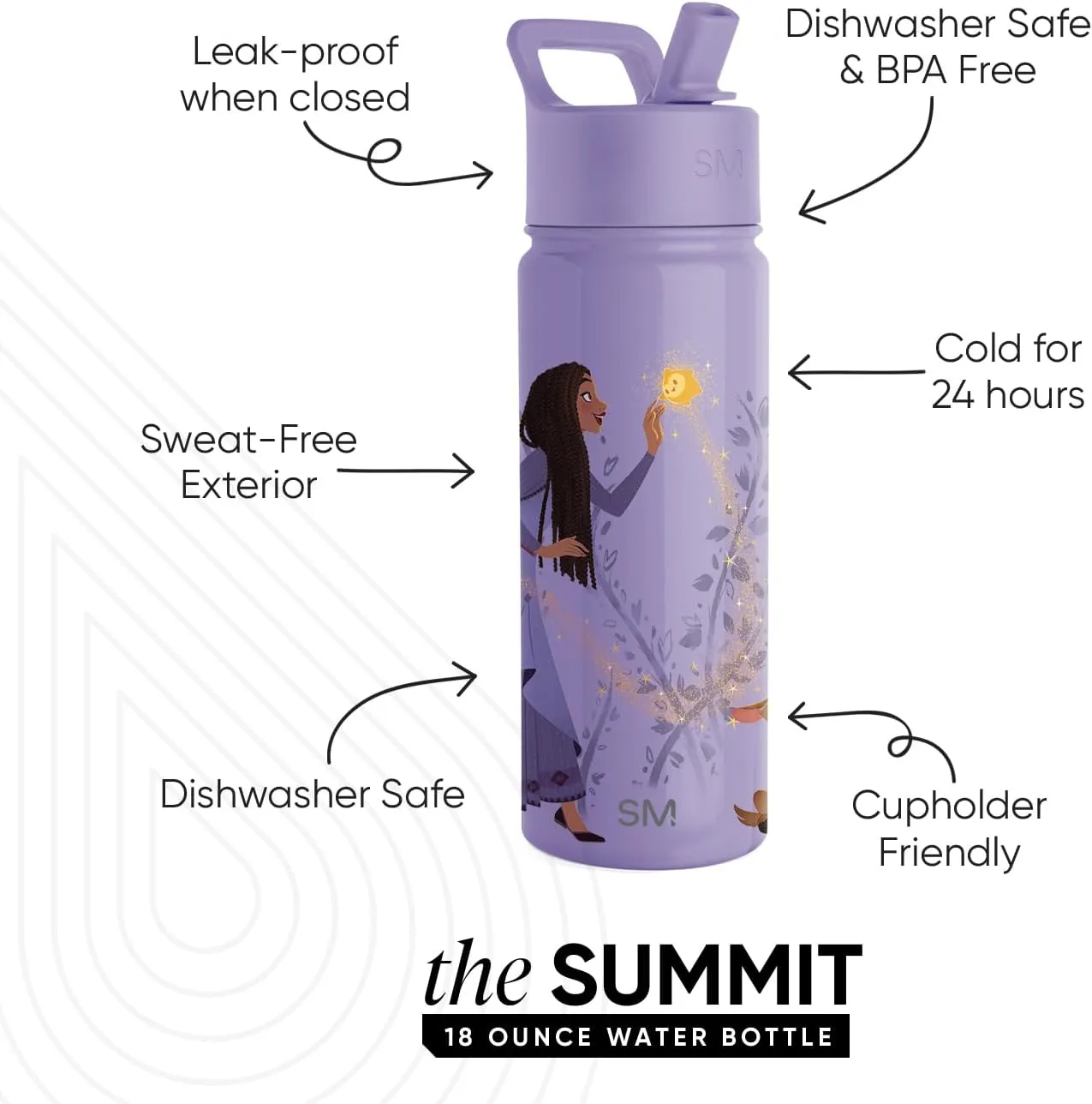 Simple Modern Kids Summit Water Bottle with Straw Lid | Disney Wish 18oz Stainless Steel Cup Insulated Tumbler for Girls, School | Asha's Adventure