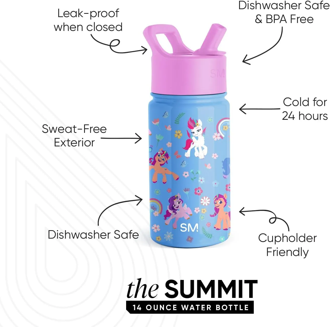 Simple Modern Kids Summit Water Bottle with Straw Lid | My Little Pony 14oz Stainless Steel Cup Insulated Tumbler for Girls, School | Garden of Rainbows