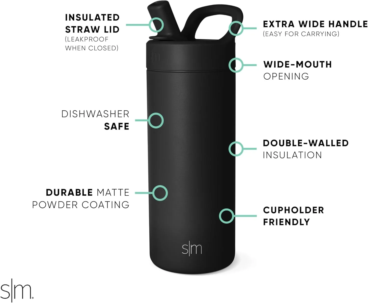 Simple Modern Kids Water Bottle with Straw lid | Insulated Stainless Steel Thermos | Reusable Water Bottles for Boys, Girls, School | Leak Proof & BPA Free | Mesa Collection | 16oz, Midnight Black