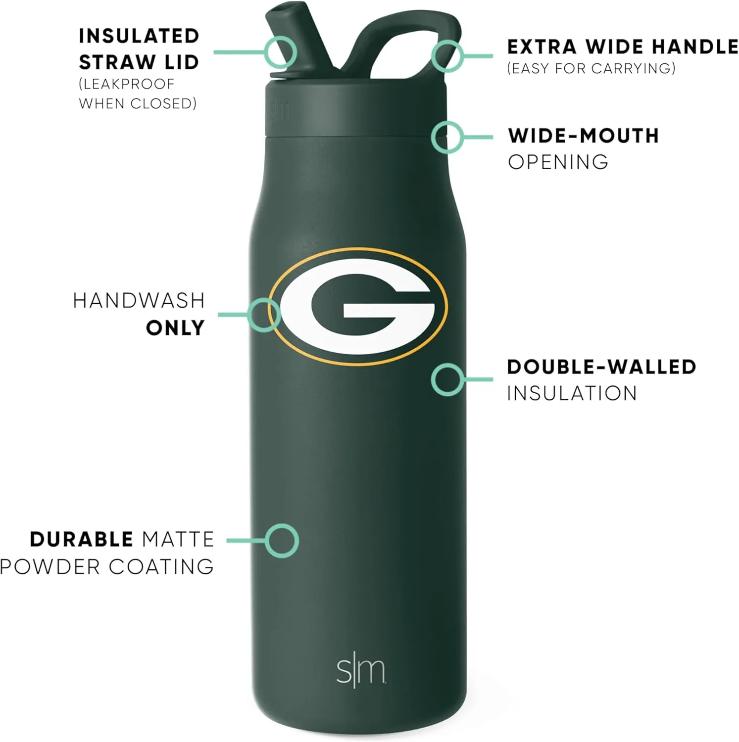 Simple Modern Officially Licensed NFL Green Bay Packers Water Bottle with Straw Lid | Leak Proof Insulated Stainless Steel Travel Thermos | Gifts for Men Women| Mesa Collection | Green Bay Packers