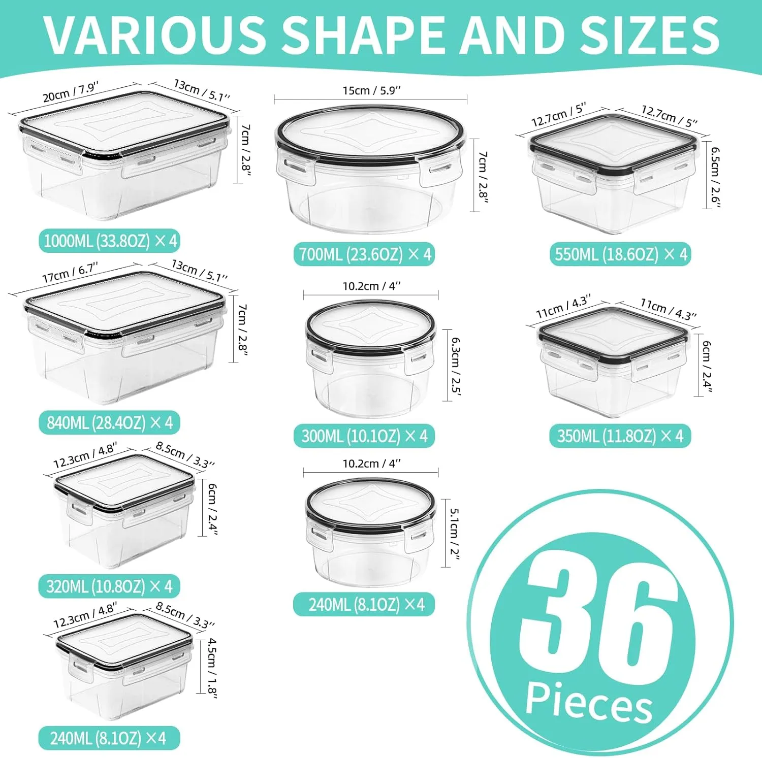 Skroam 72 piece Food Storage Containers Set with Airtight Lids (36 Containers & 36 Lids), Plastic Leak-Proof Kitchen Storage Containers for Pantry Organizers and storage - Meal Prep, Lunch Containers