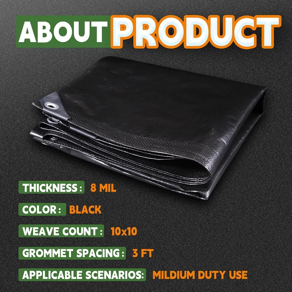 Small Black Tarps 4x4 Feet (2 Pack), UV Resistant, 8 Mil Multipurpose Medium Duty Waterproof Poly Tarp Cover with Metal Grommets and Reinforced Edges by RAINDEWAY