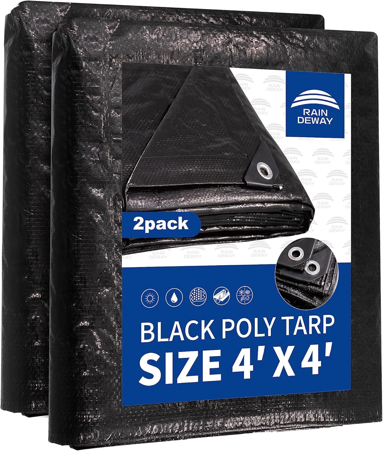 Small Black Tarps 4x4 Feet (2 Pack), UV Resistant, 8 Mil Multipurpose Medium Duty Waterproof Poly Tarp Cover with Metal Grommets and Reinforced Edges by RAINDEWAY