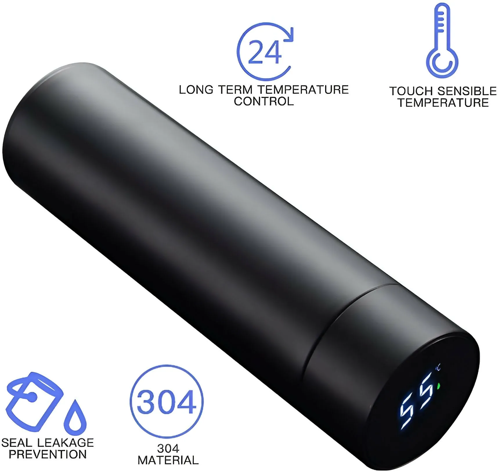 Smart LED Display Temperature Bottle - Stainless Steel Vacuum Flask ( 500ml , Black )