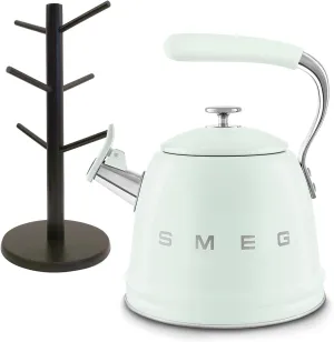 SMEG 50's Retro Style Whistling Kettle & divvi! Mug Tree Bundle - Pastel Green