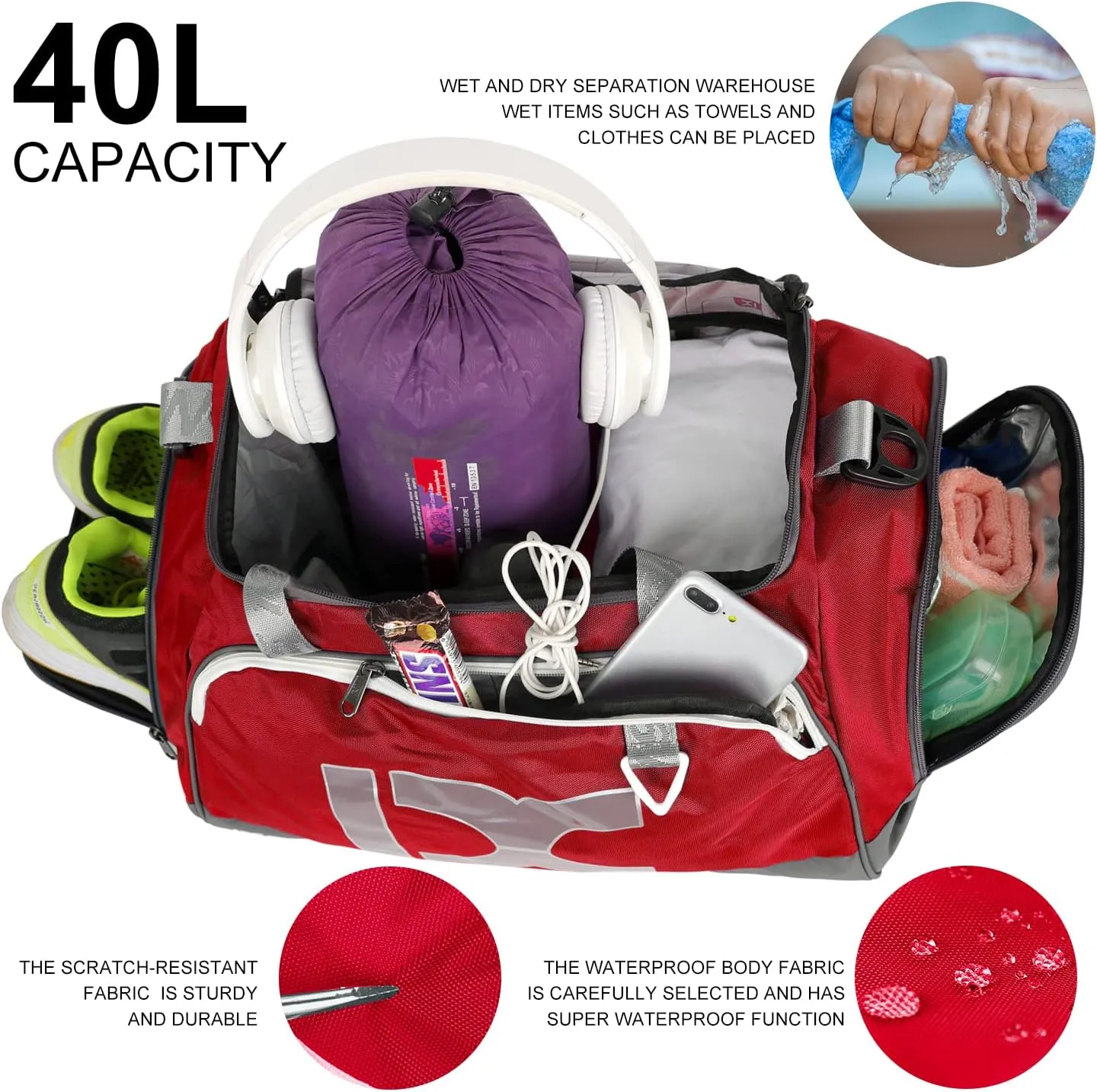 Sports Gym Bag，INOXTO Travel Duffel Bag with Dry Wet Pocket And Shoe CompartmentFor Women and Men，40L/55L Fitness Waterproof Weekender Bag For Swim Sports Travel Working Out (Red, 40L)