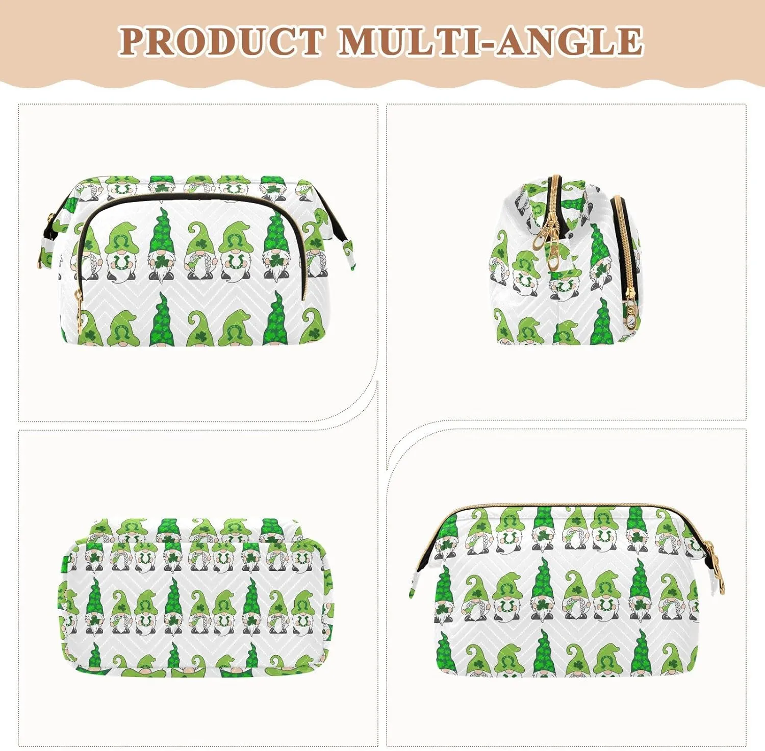 St Patrick Day Gnomes with Green Shamrock Clovers Leaves on White Women Cosmetic Bag Makeup Bag Stylish Trip Beauty Bag Travel Toiletry Bag with Bottle Organizer 10.2 x 5.9 x 6.7 inch