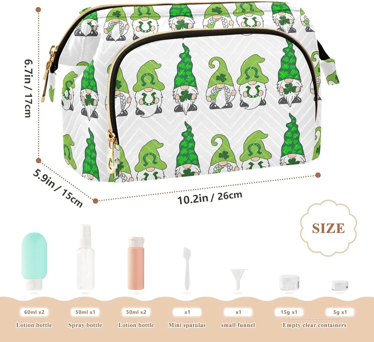 St Patrick Day Gnomes with Green Shamrock Clovers Leaves on White Women Cosmetic Bag Makeup Bag Stylish Trip Beauty Bag Travel Toiletry Bag with Bottle Organizer 10.2 x 5.9 x 6.7 inch