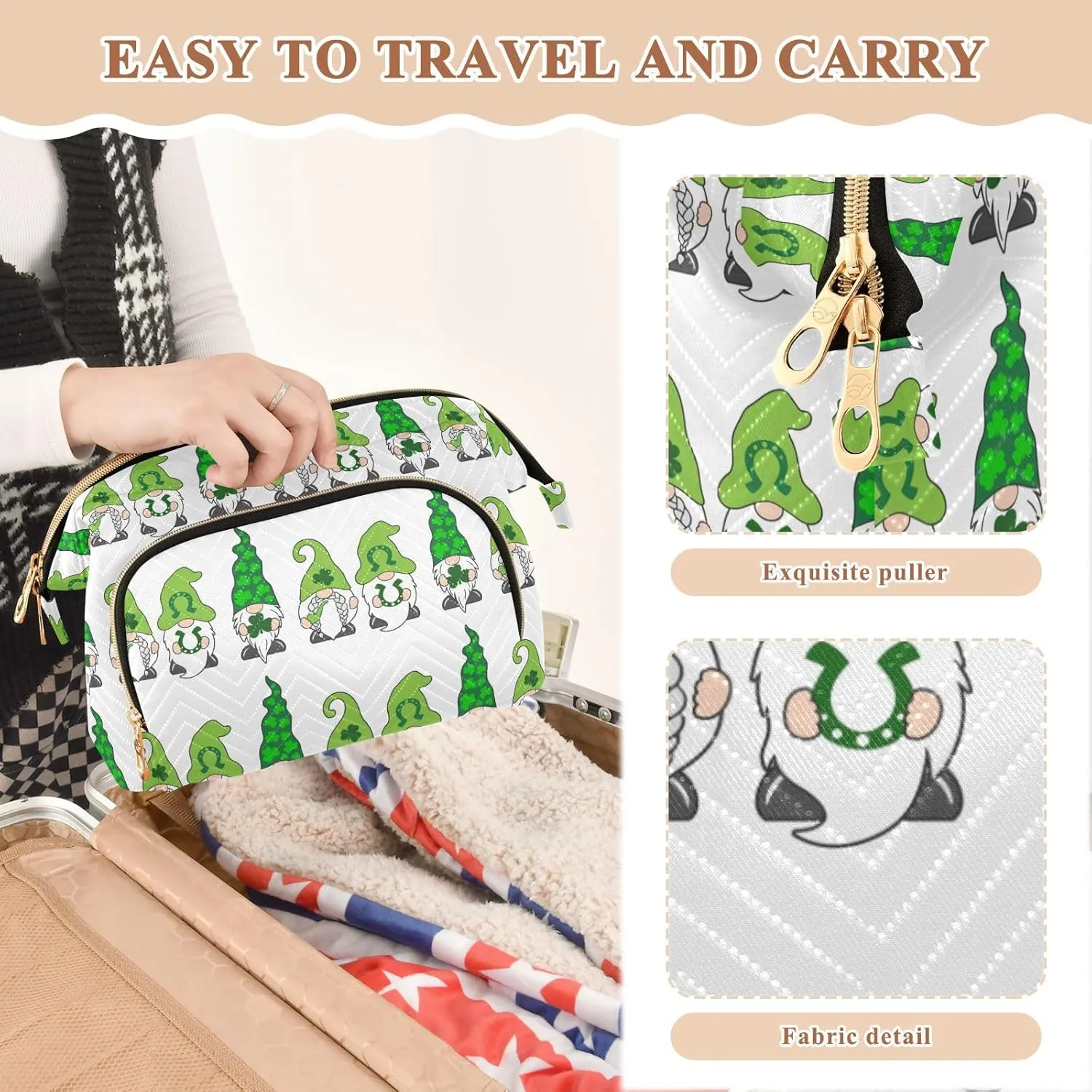 St Patrick Day Gnomes with Green Shamrock Clovers Leaves on White Women Cosmetic Bag Makeup Bag Stylish Trip Beauty Bag Travel Toiletry Bag with Bottle Organizer 10.2 x 5.9 x 6.7 inch