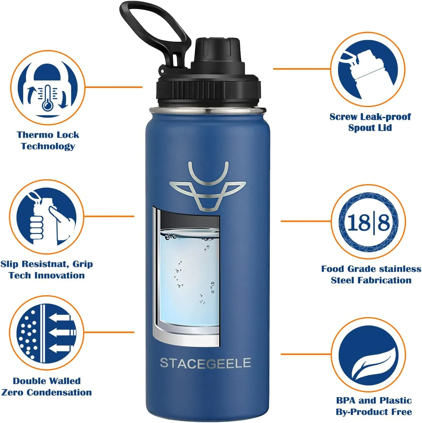 STACEGEELE Insulated Vacuum Water Bottle with Spout Lid & Screw on Top | Stainless Steel Flask for Kids Leak Proof Lightweight Eco Friendly 18oz / 24oz / 32 oz / 40oz(18oz Cobalt)