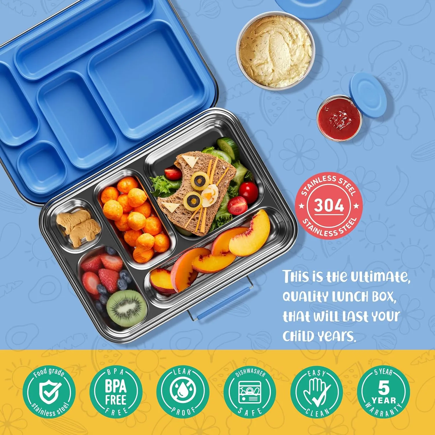 Stainless Steel Bento Box Kids, Kids Metal Bento Lunch Box BPA Free Lunch Box Containers 304 Stainless Steel Bento Box for School and Office(Bule)