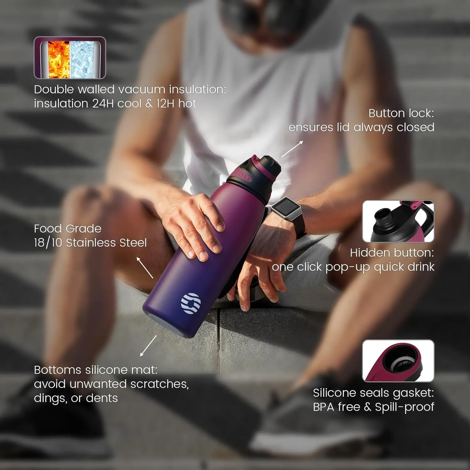 Stainless Steel Insulated Sports Water Bottle 32oz, BPA-Free, Double-Wall Vacuum, Magnetic Cap, No Straw, Cup Brush Included - Ideal Thermos for School, Fitness, and Outdoor Activities