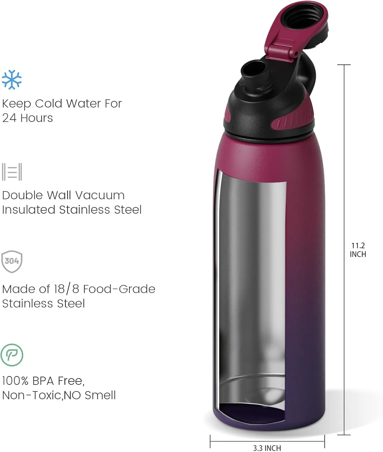 Stainless Steel Insulated Sports Water Bottle 32oz, BPA-Free, Double-Wall Vacuum, Magnetic Cap, No Straw, Cup Brush Included - Ideal Thermos for School, Fitness, and Outdoor Activities