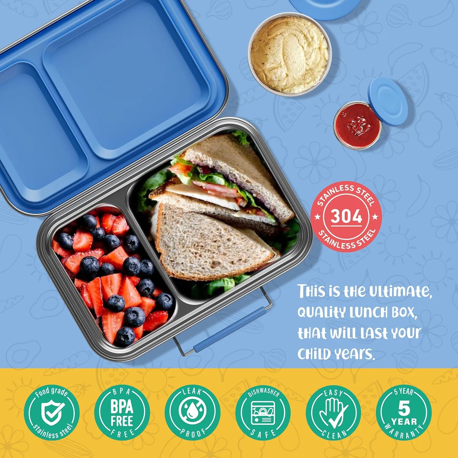 Stainless Steel Lunch Box for Kids, Leak Proof Bento Lunch Box BPA Free 304 Stainless Steel Bento Box Stainless Bento Box with Containers for School and Office(Blue)