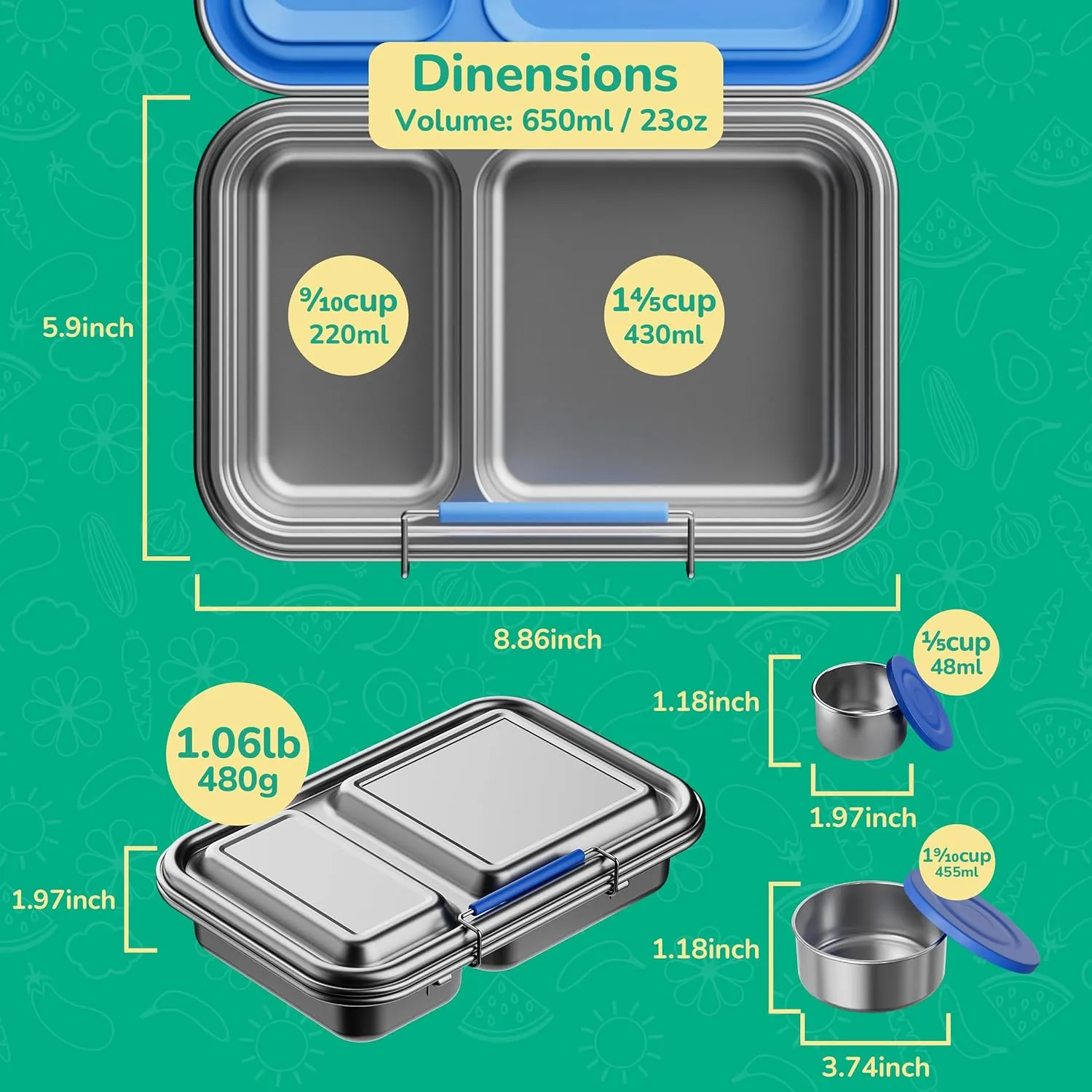 Stainless Steel Lunch Box for Kids, Leak Proof Bento Lunch Box BPA Free 304 Stainless Steel Bento Box Stainless Bento Box with Containers for School and Office(Blue)