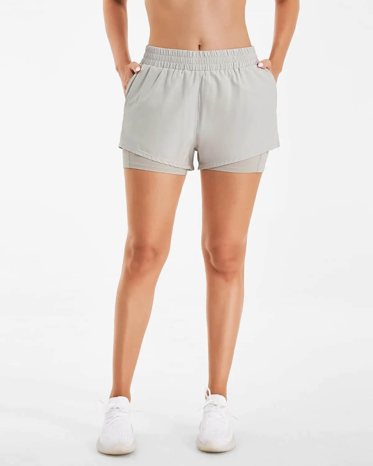 Stelle Women's 2 in 1 Running Shorts Athletic Workout Gym Shorts High Waisted Shorts with Liner Zipper Pockets
