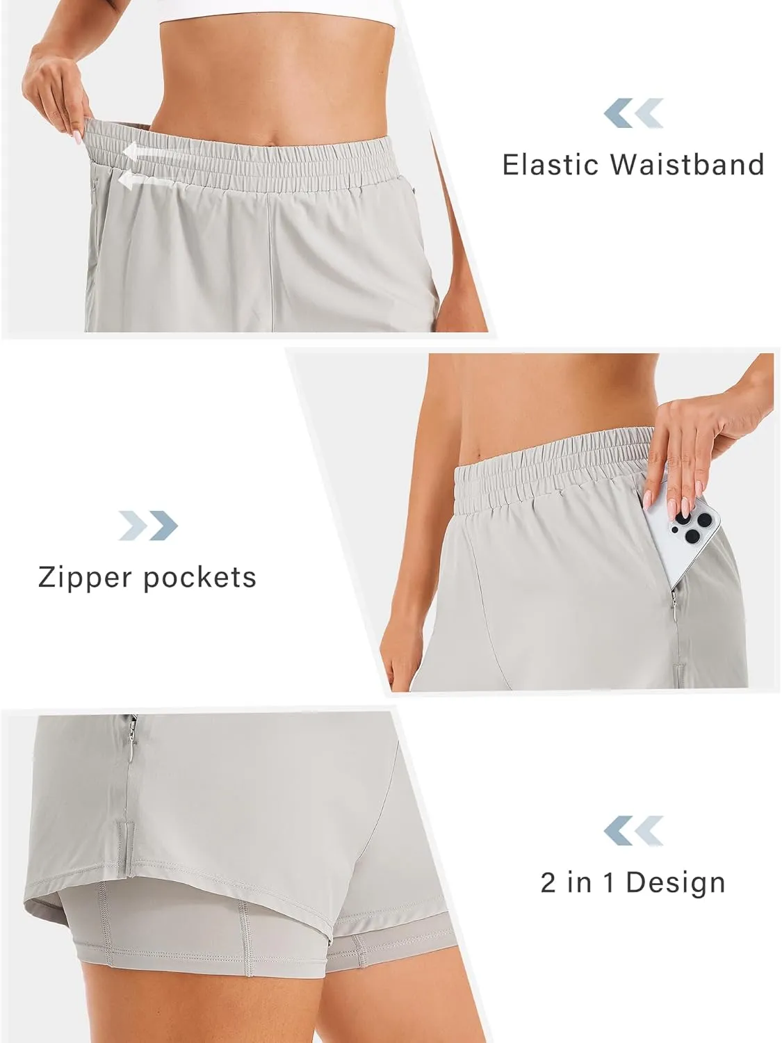 Stelle Women's 2 in 1 Running Shorts Athletic Workout Gym Shorts High Waisted Shorts with Liner Zipper Pockets