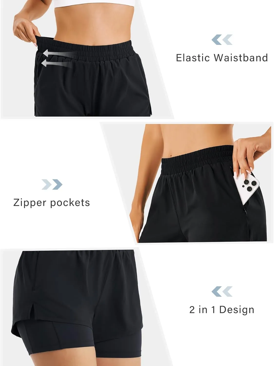 Stelle Women's 2 in 1 Running Shorts Athletic Workout Gym Shorts High Waisted Shorts with Liner Zipper Pockets