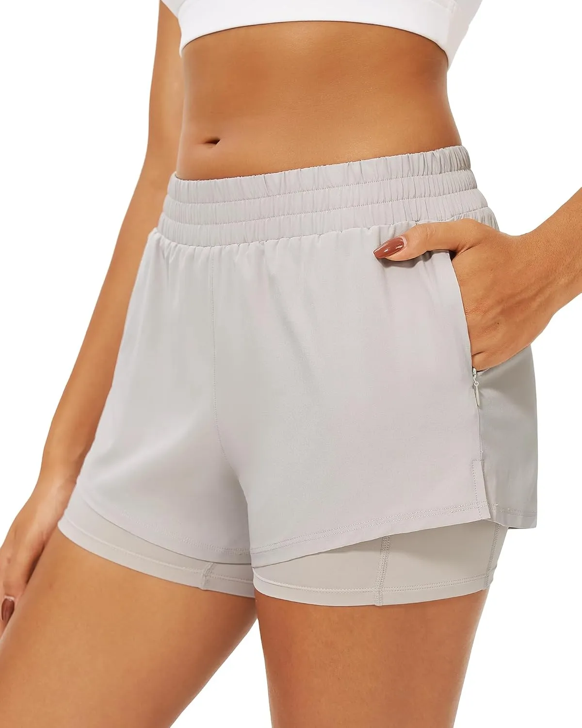 Stelle Women's 2 in 1 Running Shorts Athletic Workout Gym Shorts High Waisted Shorts with Liner Zipper Pockets