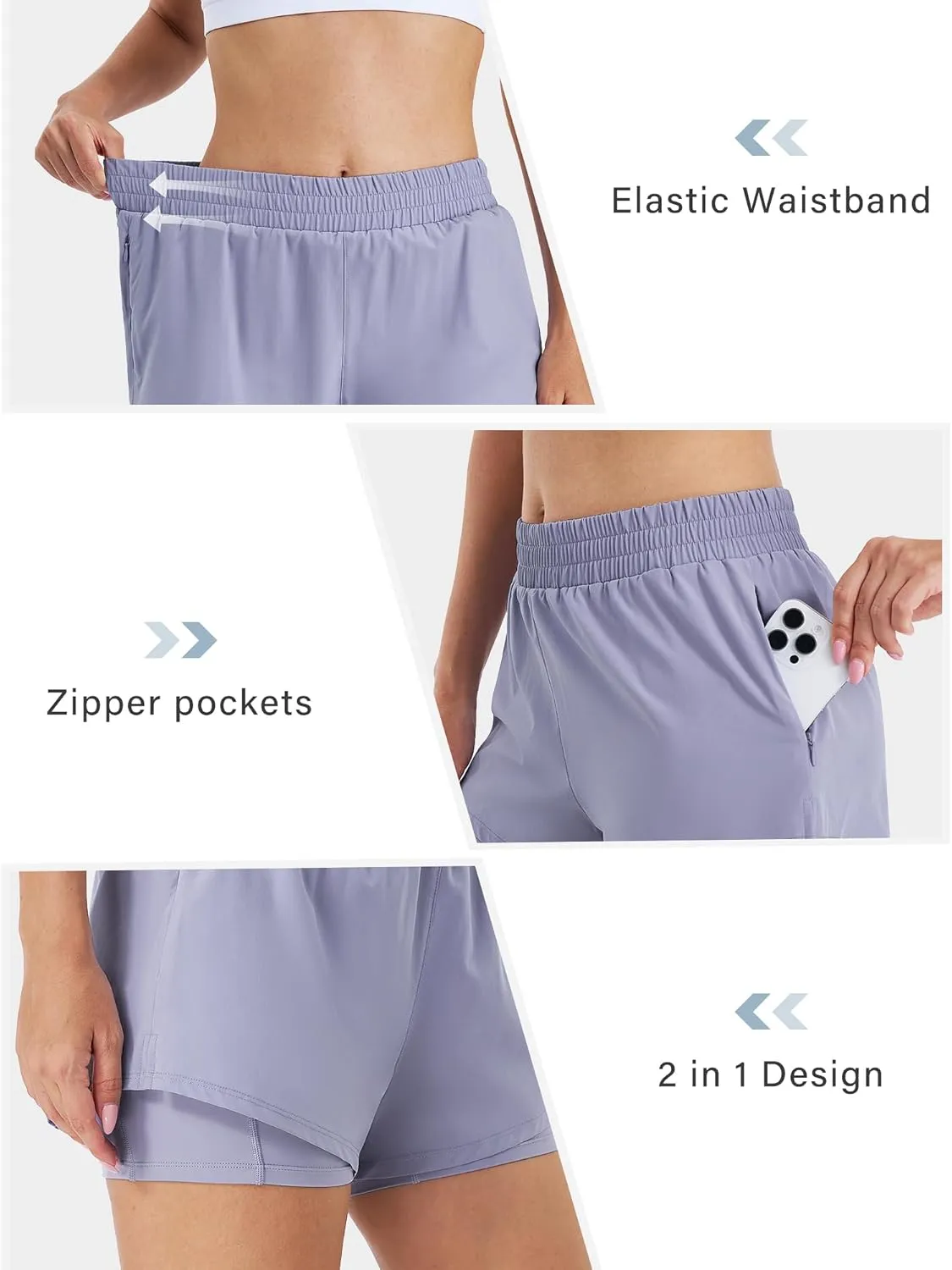 Stelle Women's 2 in 1 Running Shorts Athletic Workout Gym Shorts High Waisted Shorts with Liner Zipper Pockets