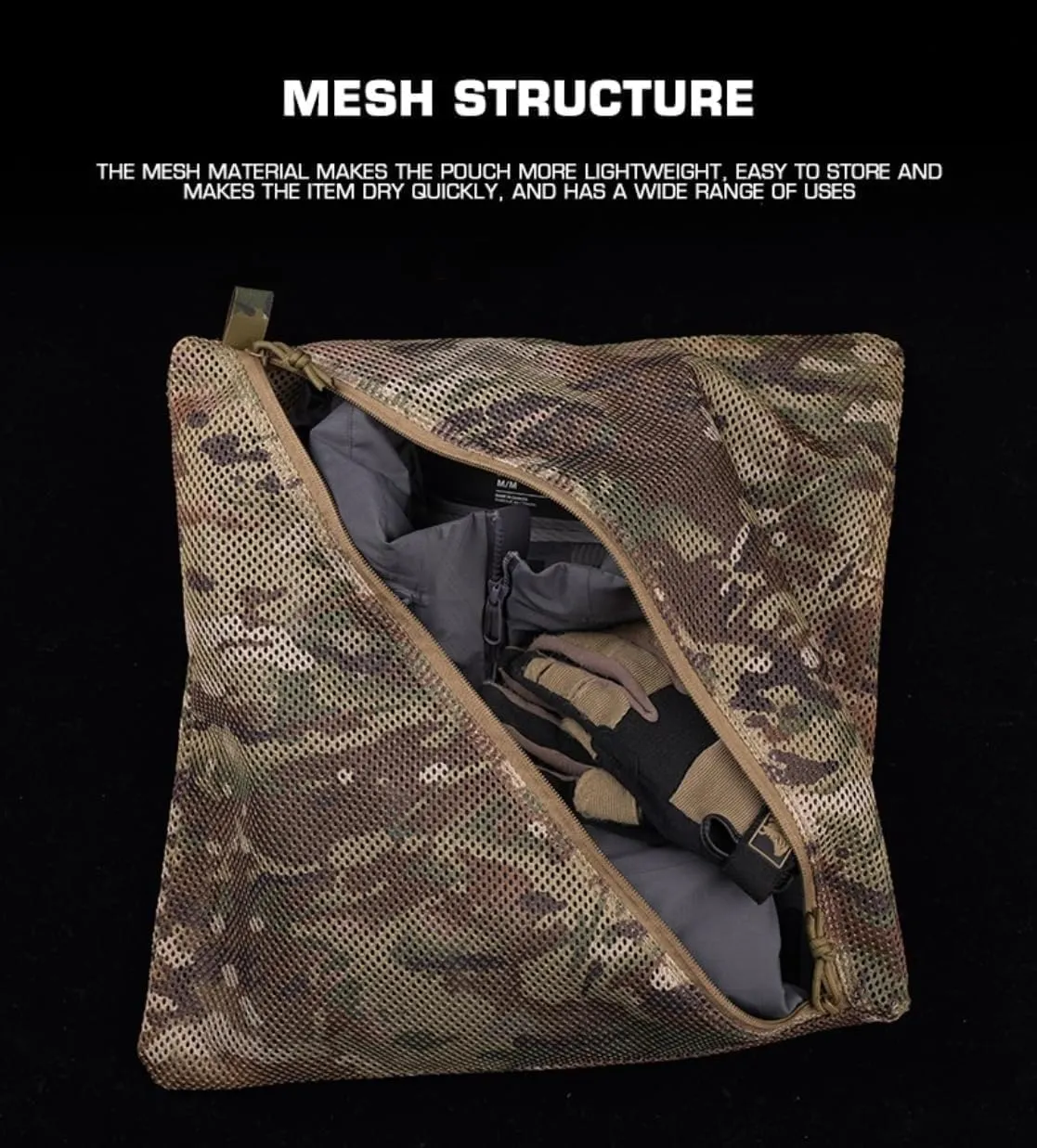 Storage Mesh Pouch (16 * 16in), Cradle net Material Miscellaneous Outdoor Carry Camouflage Storage Bag (Khaki)
