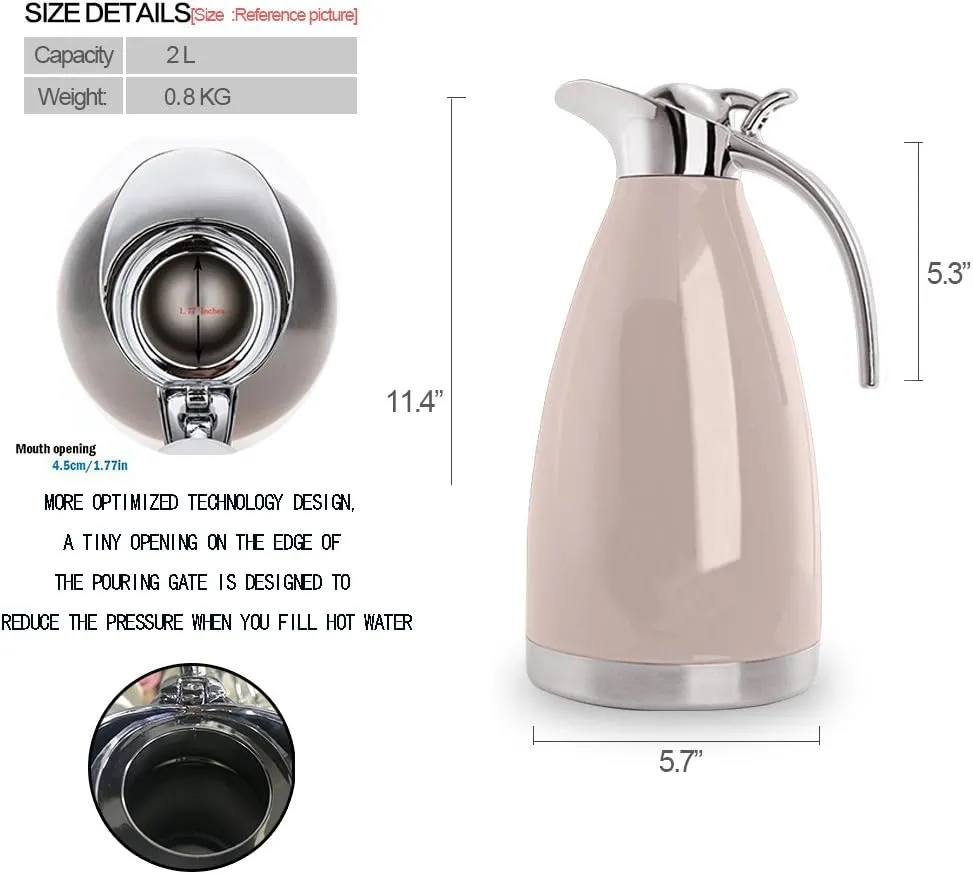 Sumerflos 68 Oz Stainless Steel Coffee Thermal Carafe/Double Walled Vacuum Thermos Insulated / 12 Hour Heat Retention / 2 Liters (Pink)